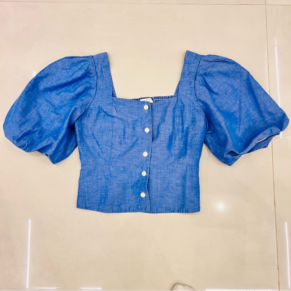 Sandro Mayan cropped shirred chambray top - Picture 7 of 10